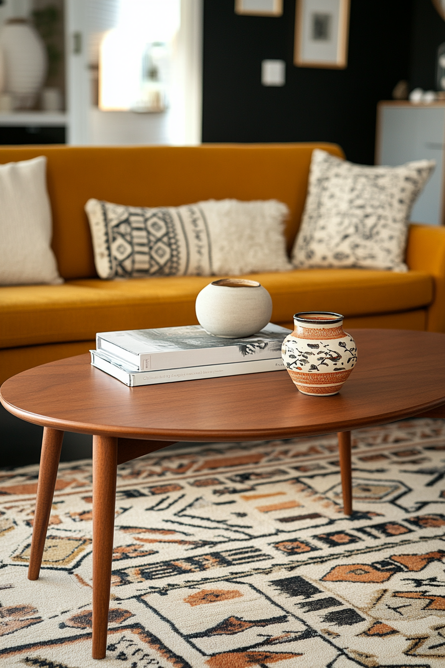 Walnut coffee table with tapered legs in a mid-century modern living room.