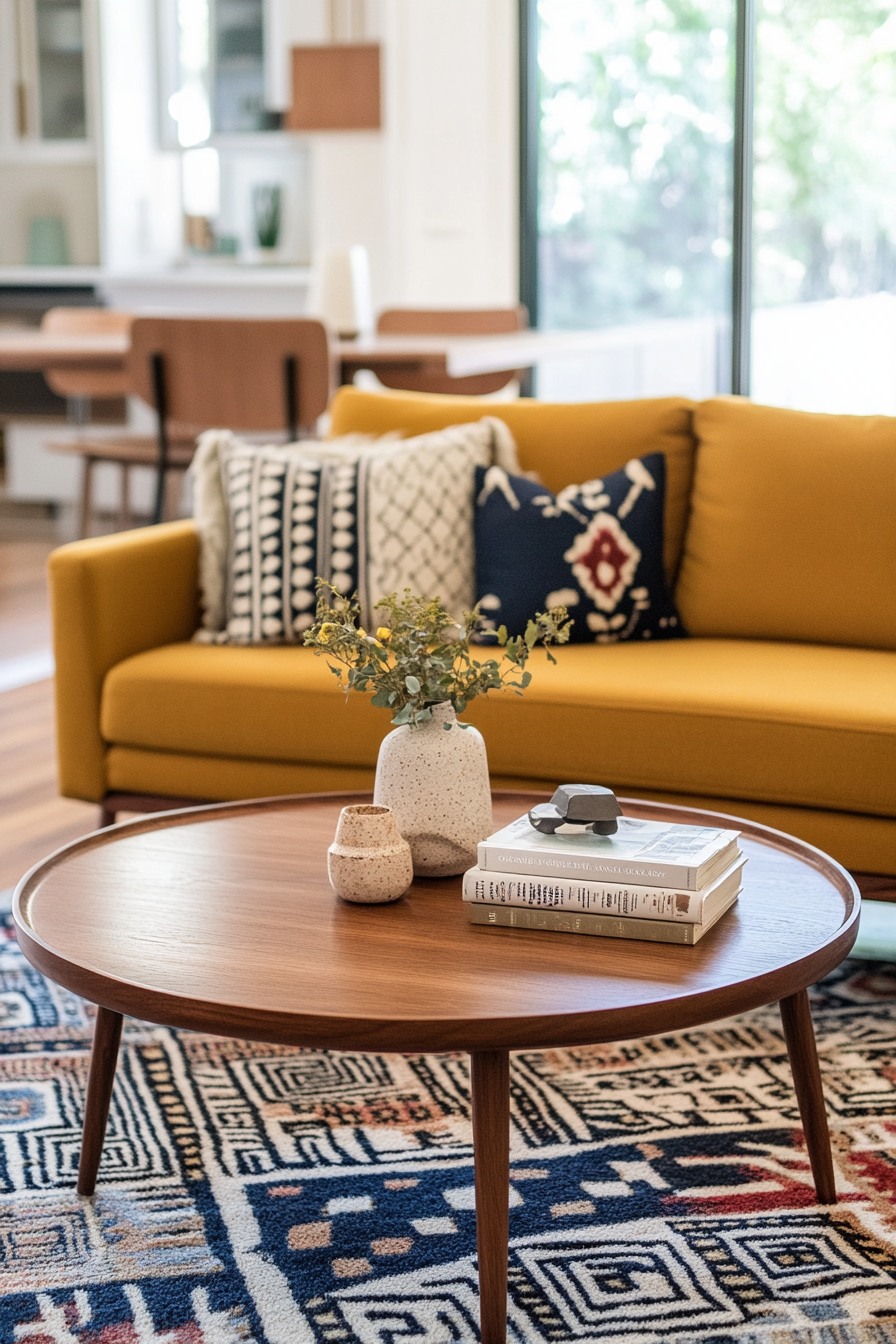 Oval walnut coffee table paired with a mustard sofa.