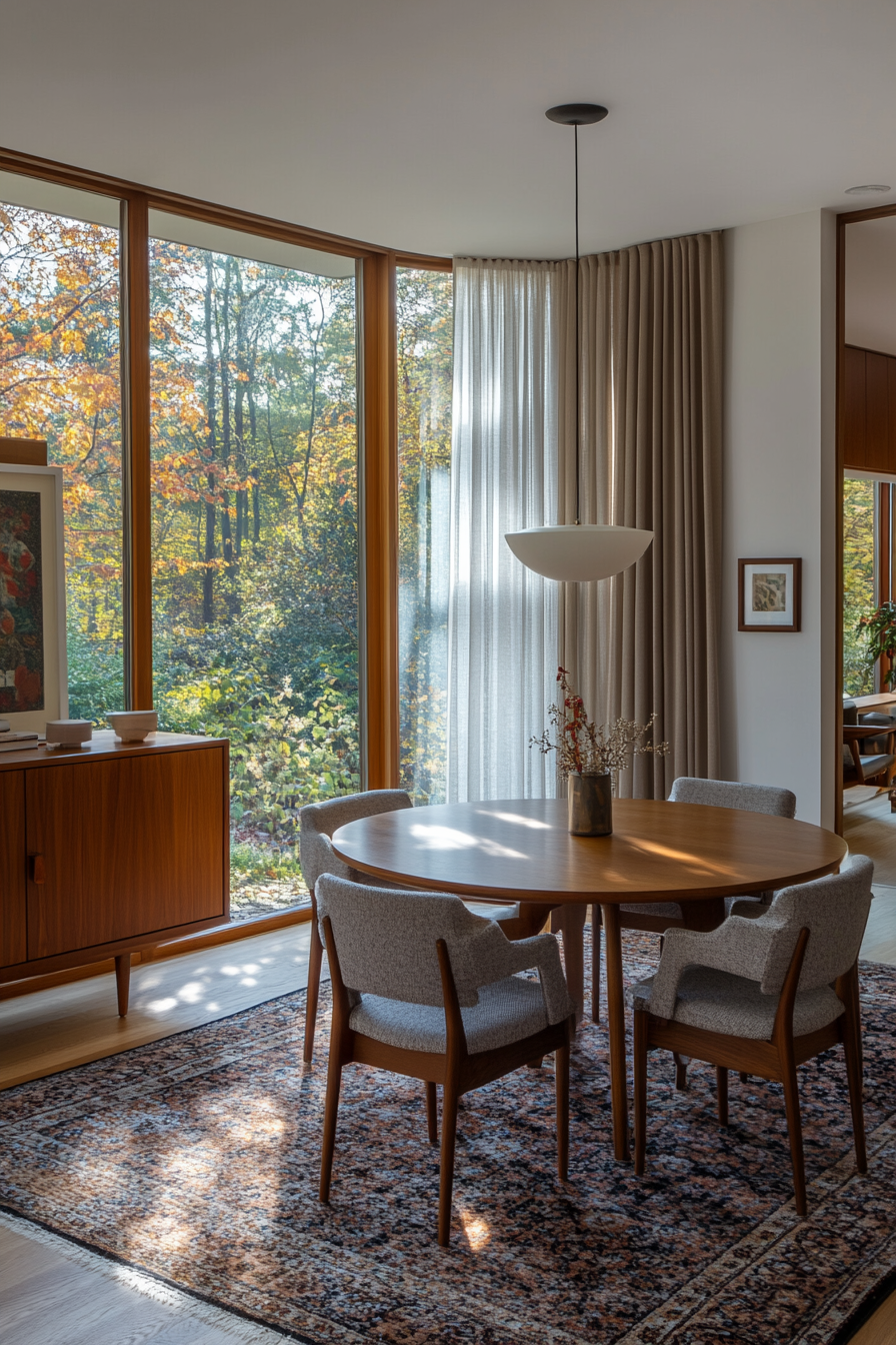 Round wooden dining table with mid-century chairs in a dual-purpose living room.