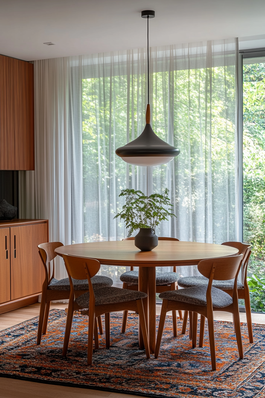 Mid-century dining table in a small dual-purpose living room.
