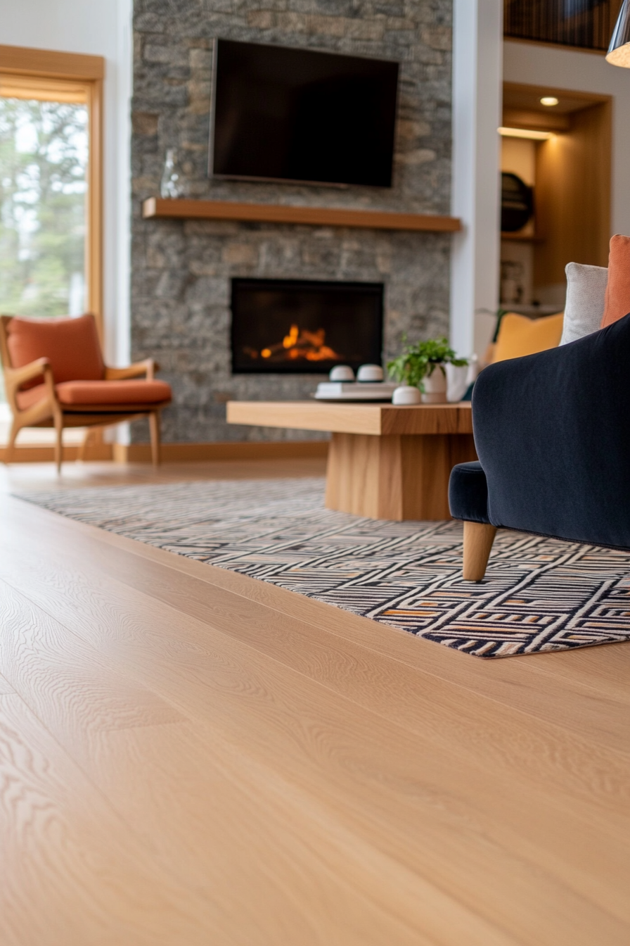 Light oak hardwood flooring in a mid-century modern living room.