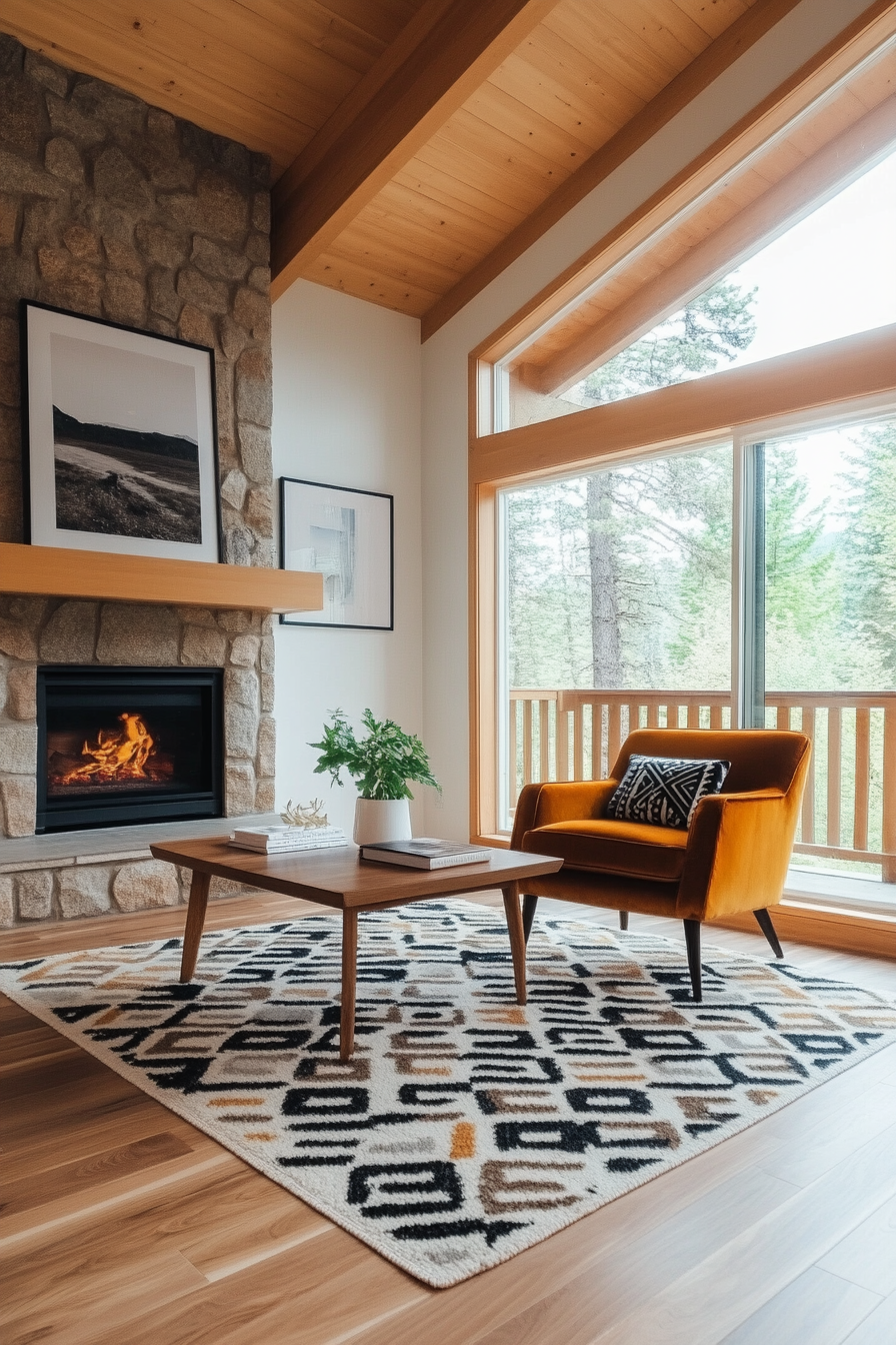 Light oak hardwood floors paired with a geometric rug.