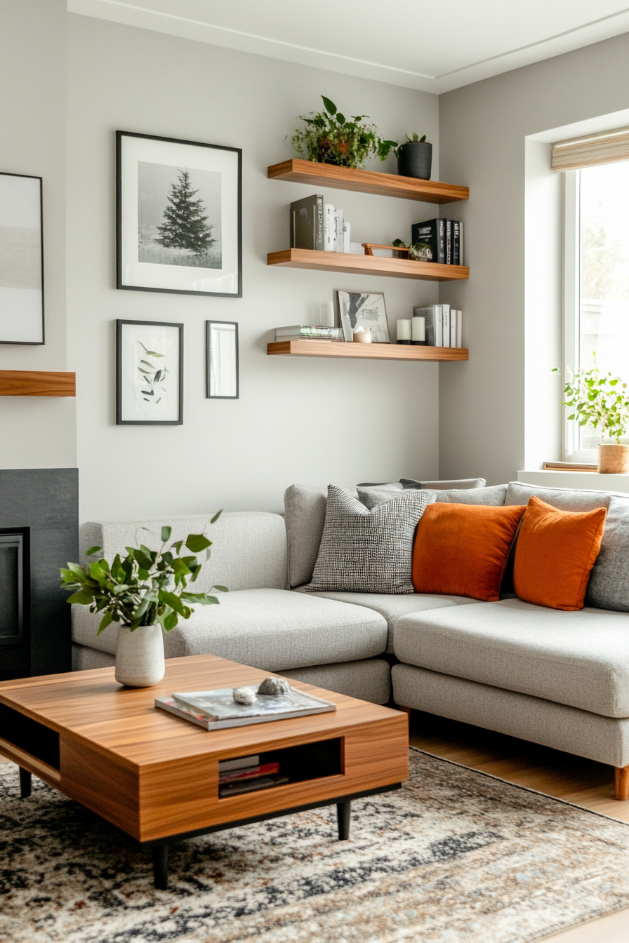 Mid-century living room with compact, modular furniture in a small space.