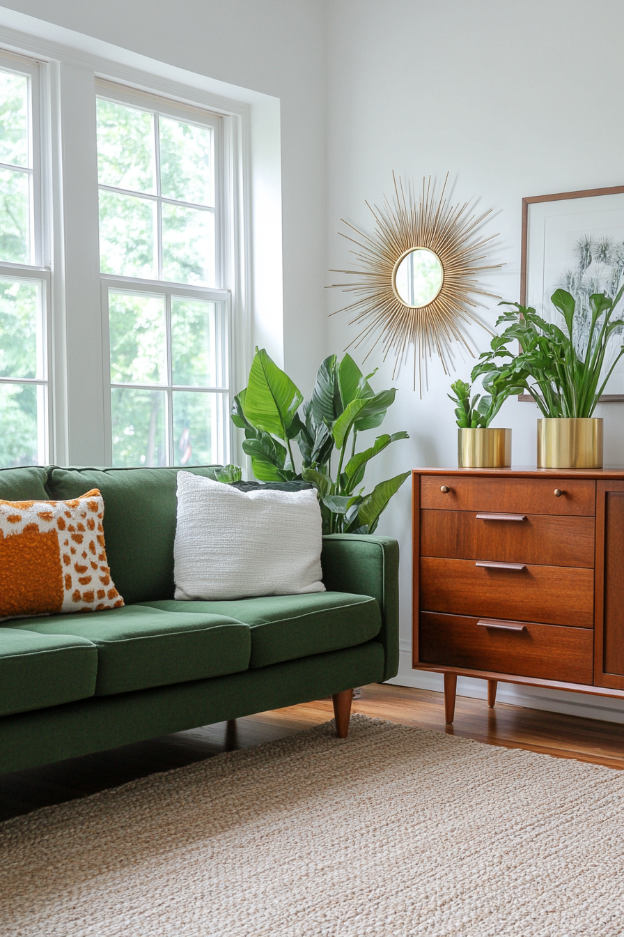 Decorative starburst mirror and indoor plants in a mid-century setting.