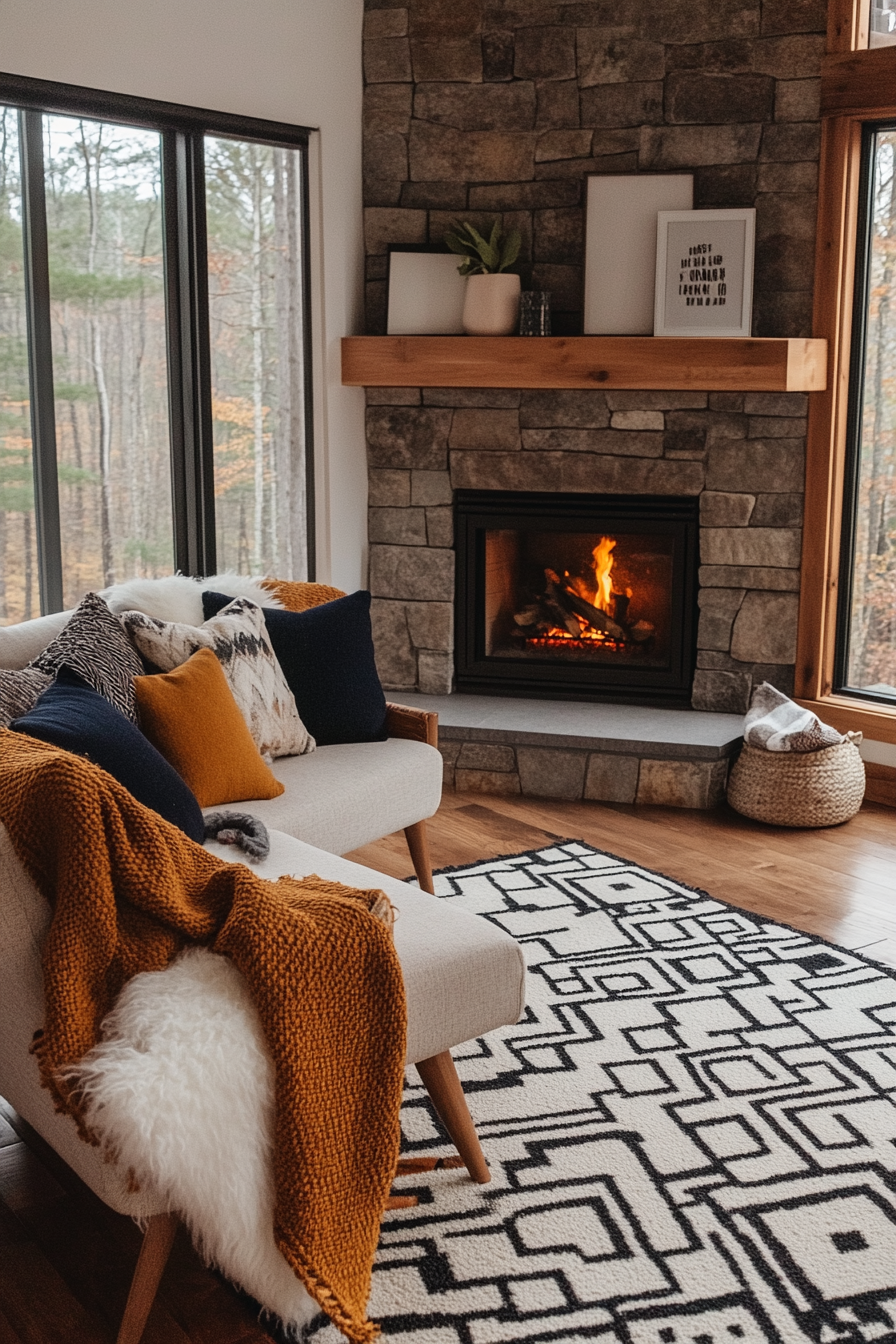 Cozy mid-century modern living room with textured blankets and a warm fireplace.