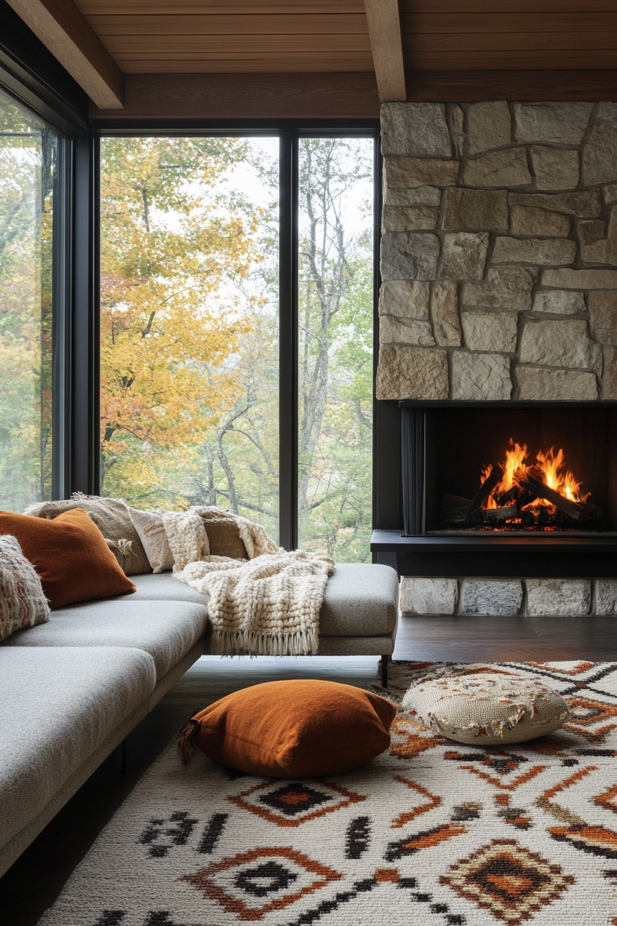 Mid-century modern living room with cozy textures and soft lighting.