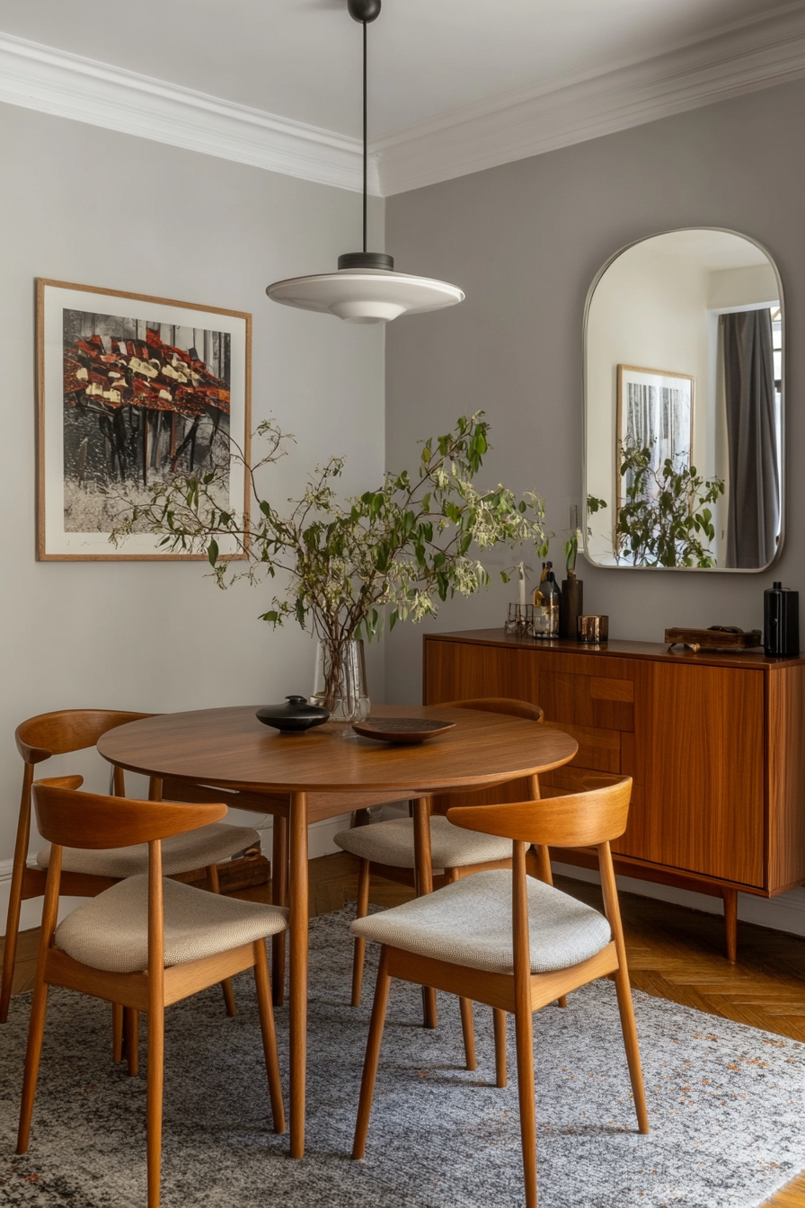 Mid-century modern living room designed for small apartments with minimal furniture.