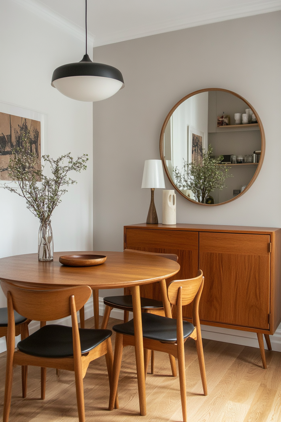 Mid-century modern living room with light colors and functional furniture.