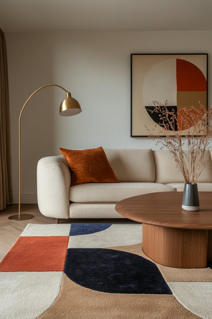 Geometric patterned rug in a mid-century modern living room.
