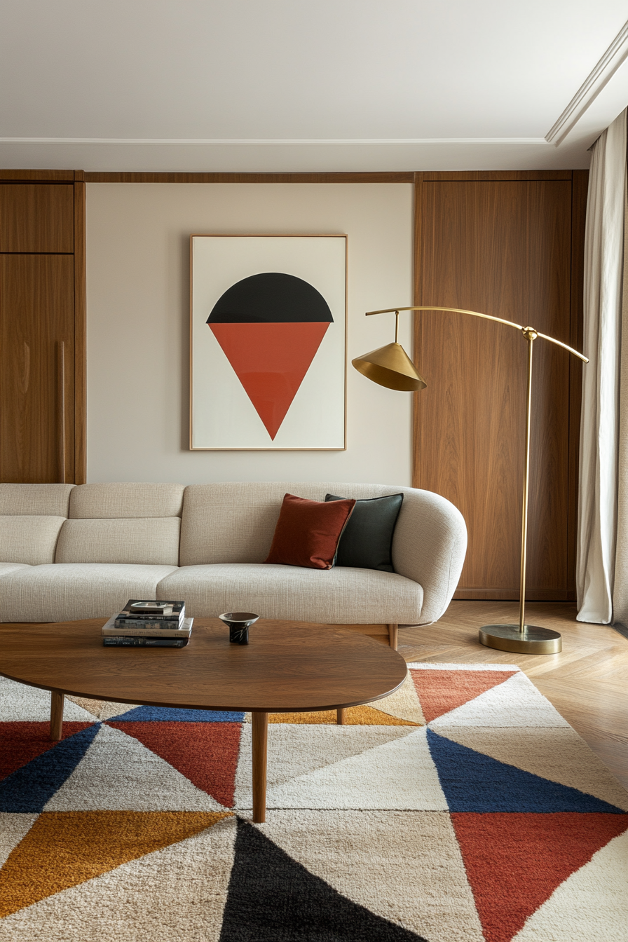 A bold geometric rug in a cozy mid-century modern setting.