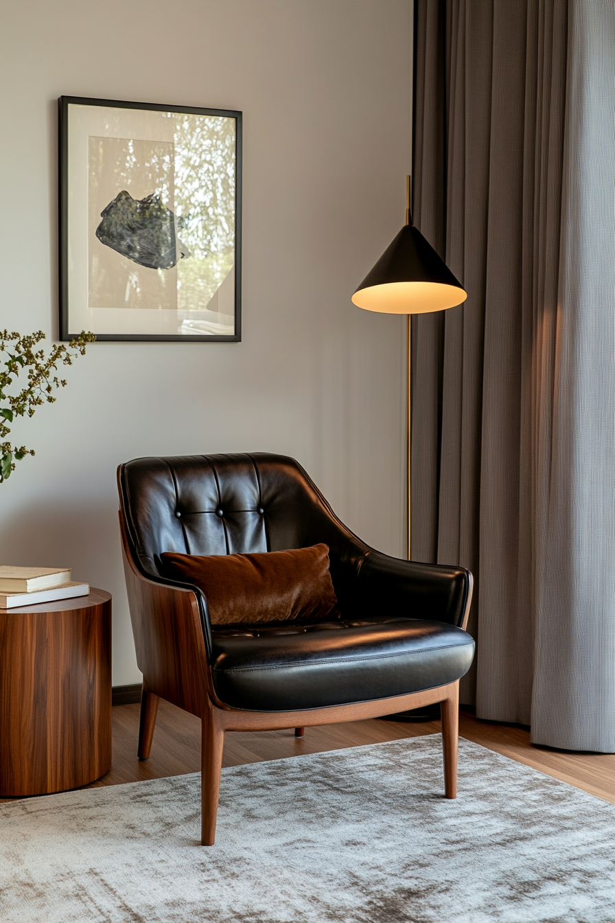 A curved leather mid-century armchair in a cozy corner.
