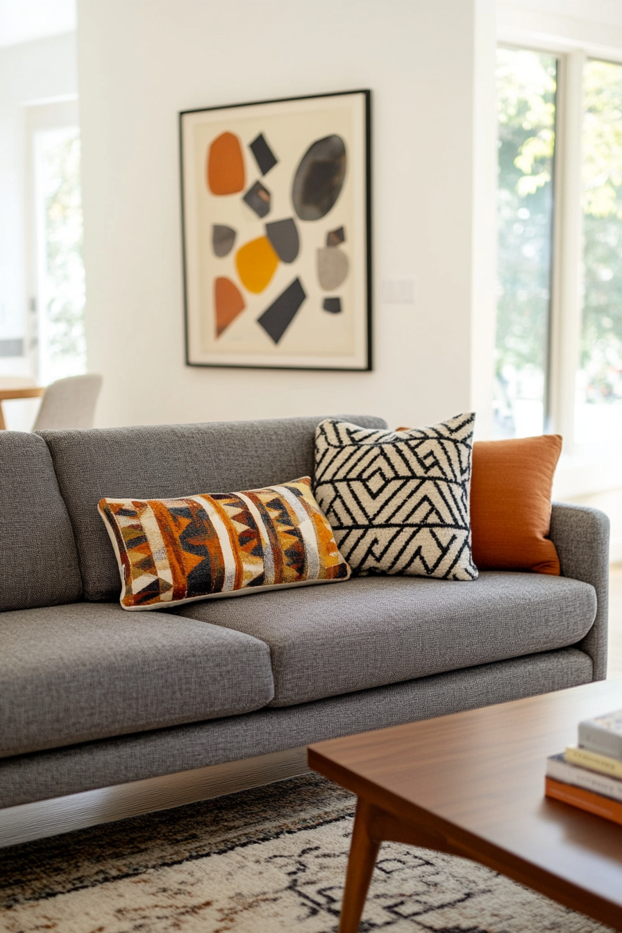 Sleek mid-century modern sofa with clean lines and wooden legs.