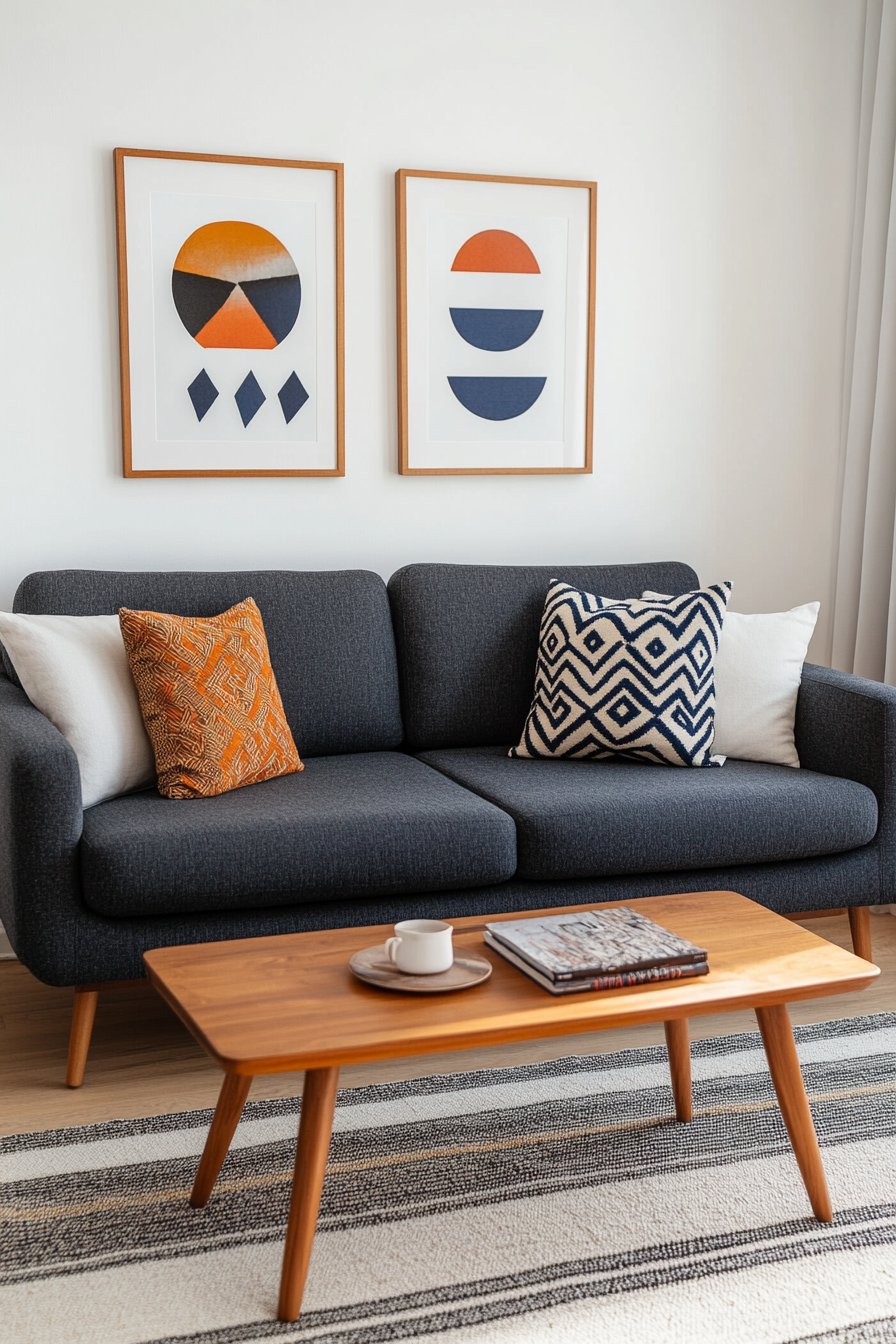Grey mid-century sofa with mustard accents in a modern setting.