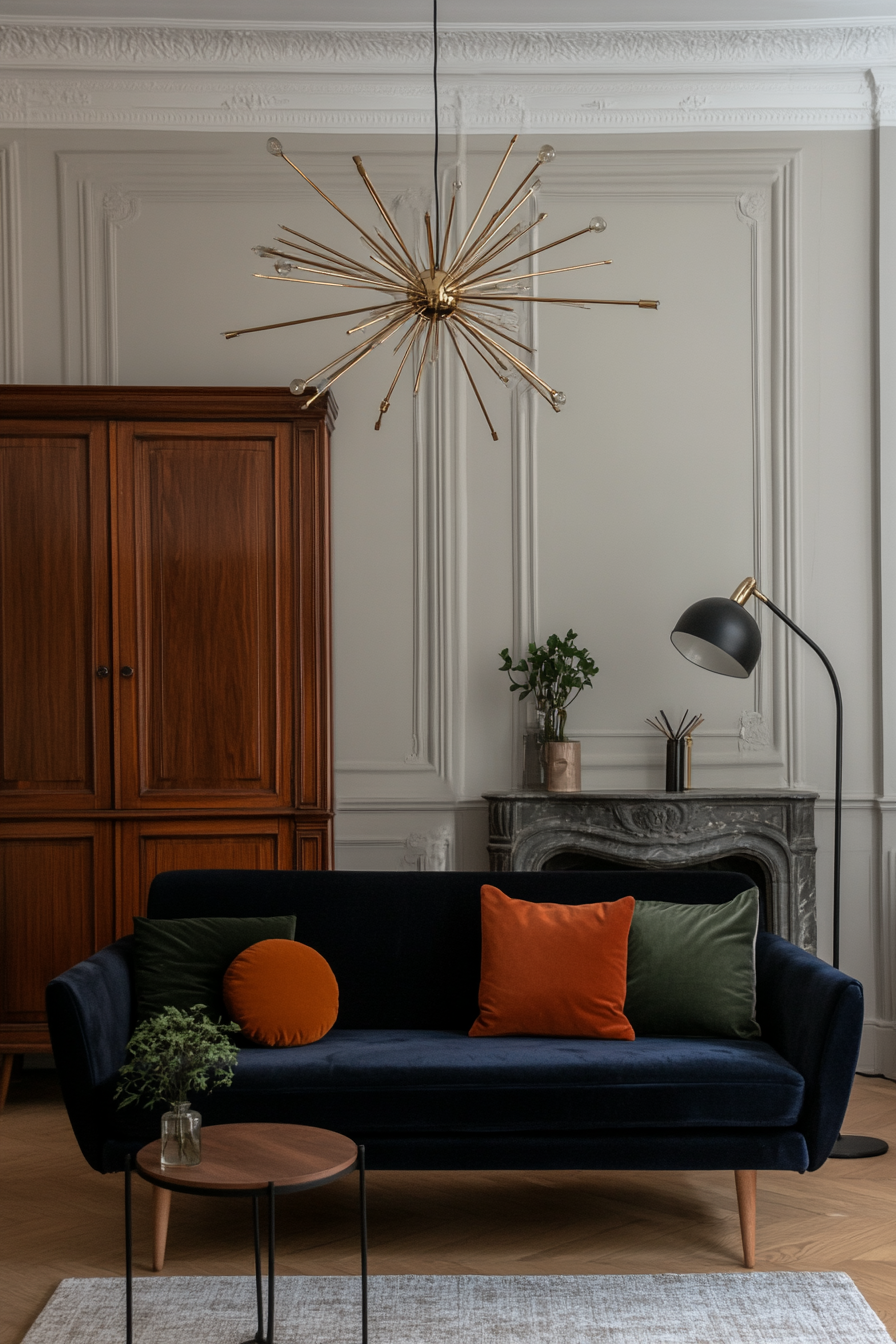 Mid-century modern living room with a sputnik chandelier.