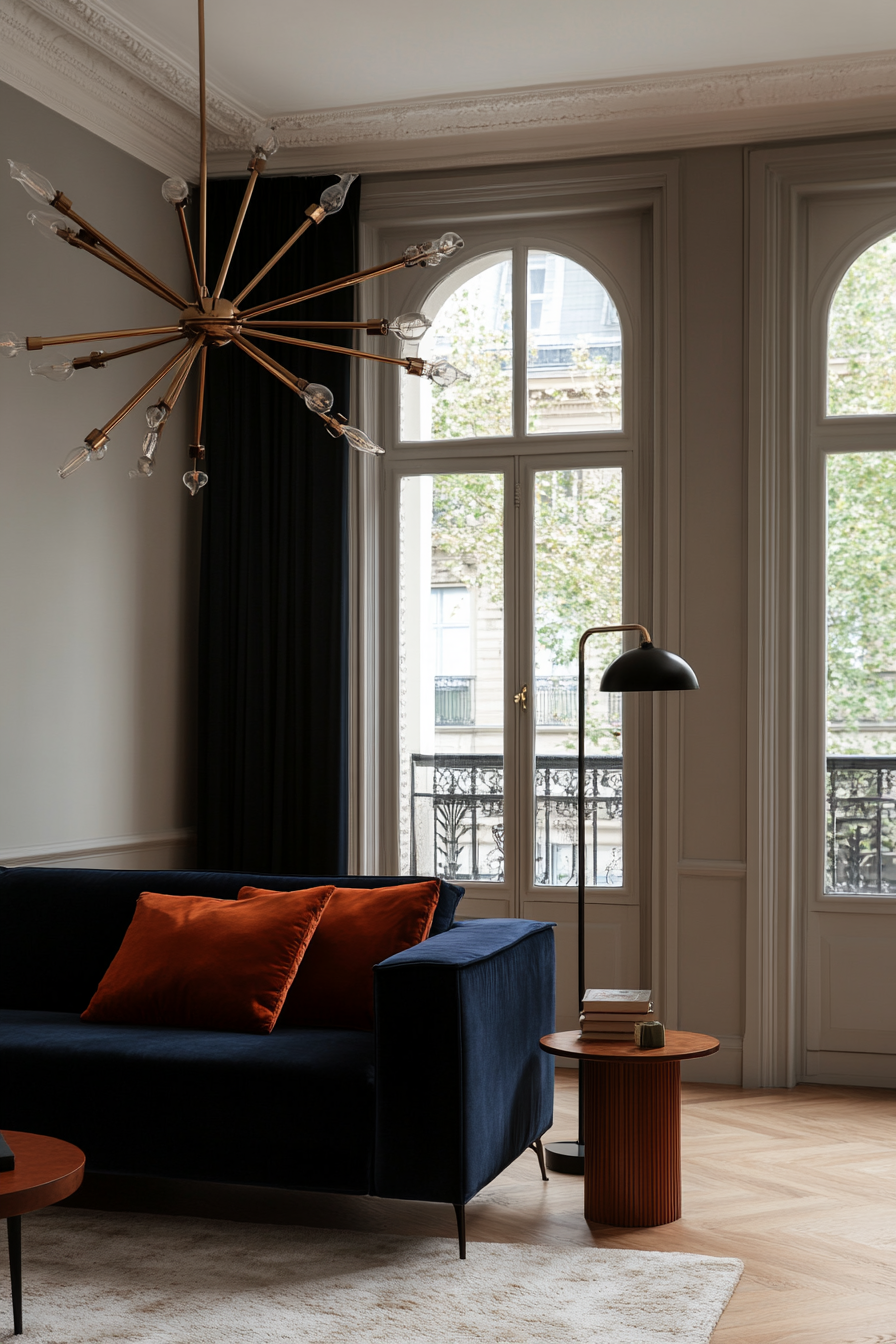 A brass sputnik chandelier and modern lighting accents.