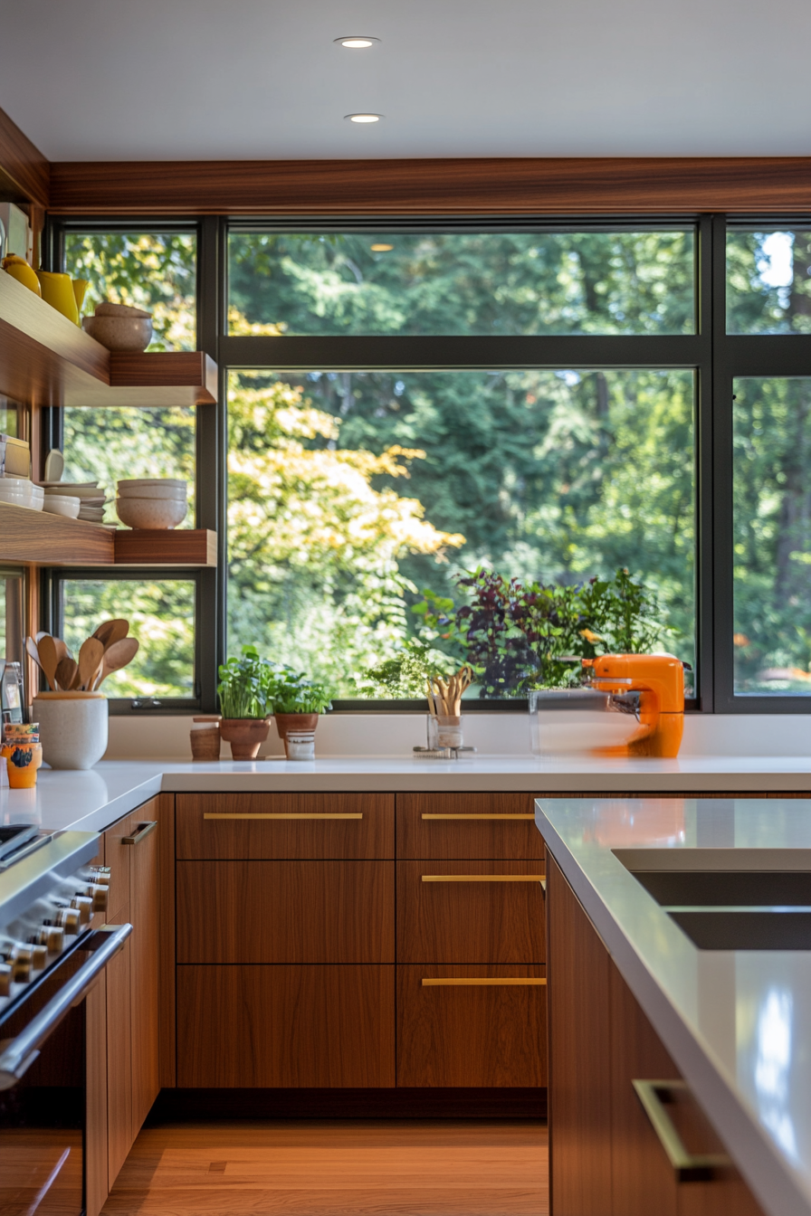 Natural wood cabinets with flat-panel doors and brass hardware.