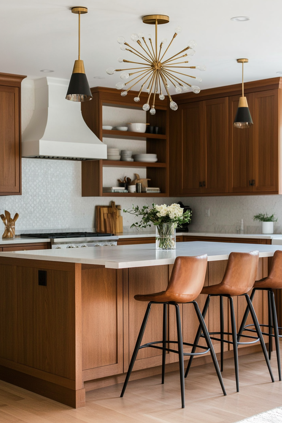 Sputnik chandelier and brass pendant lights in a mid-century kitchen.