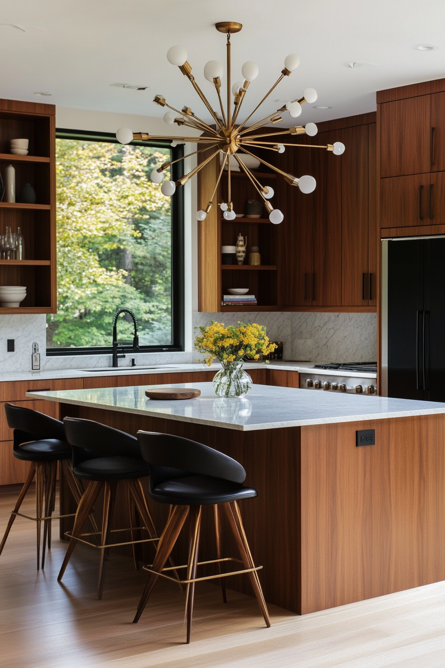 Layered lighting with pendant lights over a mid-century modern kitchen island.
