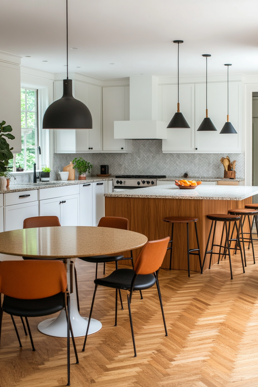 Oak herringbone flooring in a mid-century modern kitchen.