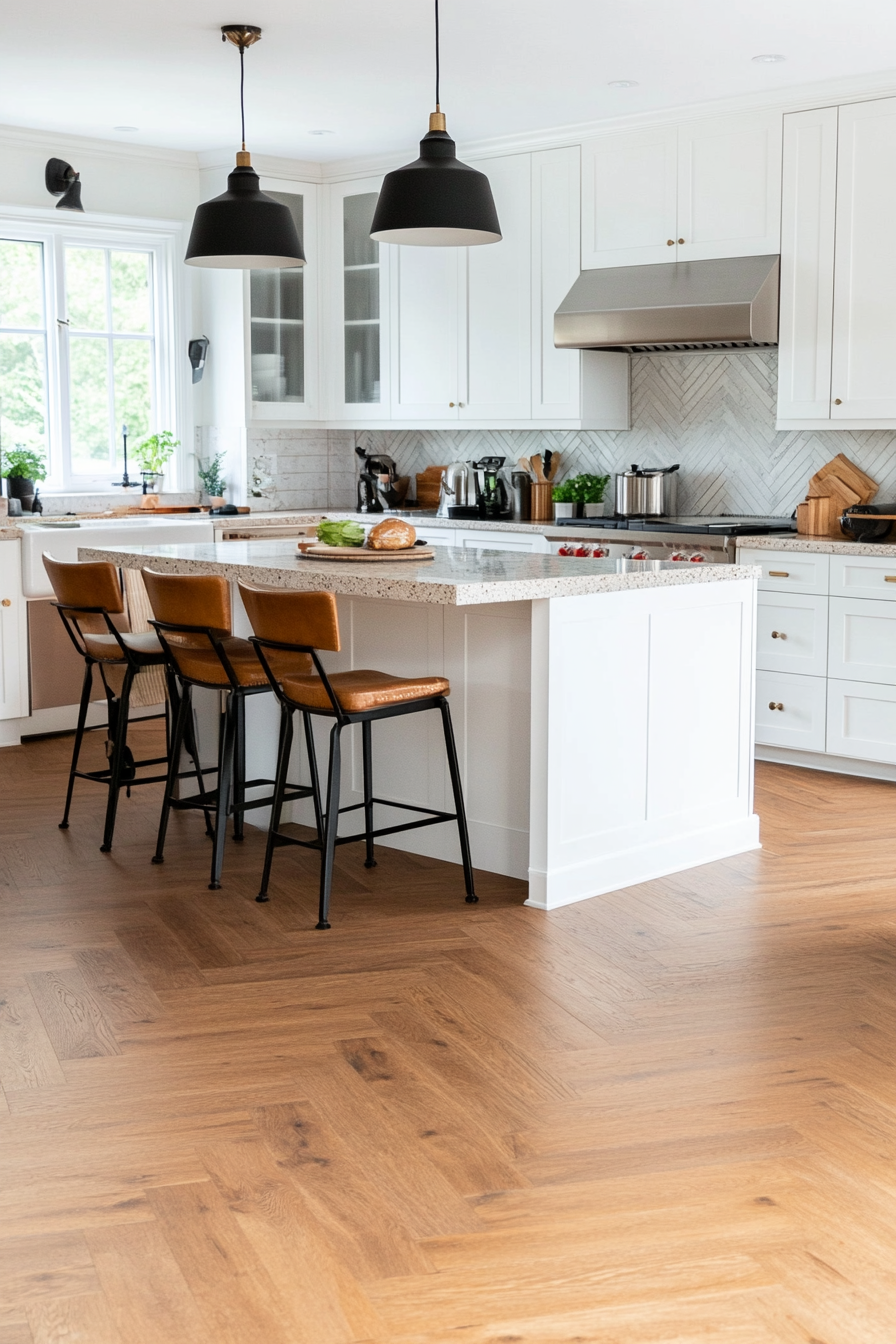 Geometric-patterned tiles in a mid-century modern kitchen.