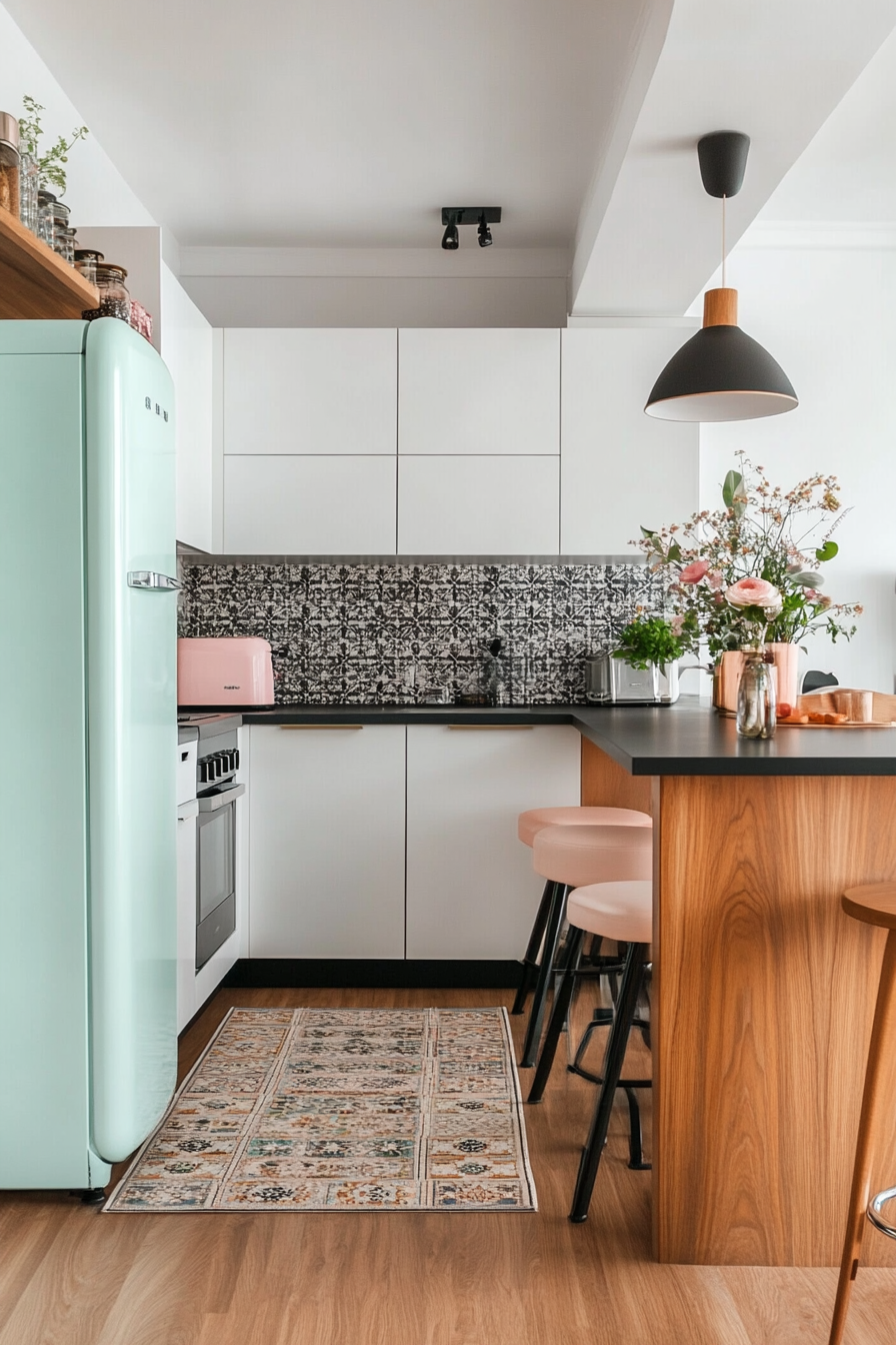 Pastel-colored retro appliances in a mid-century modern kitchen.