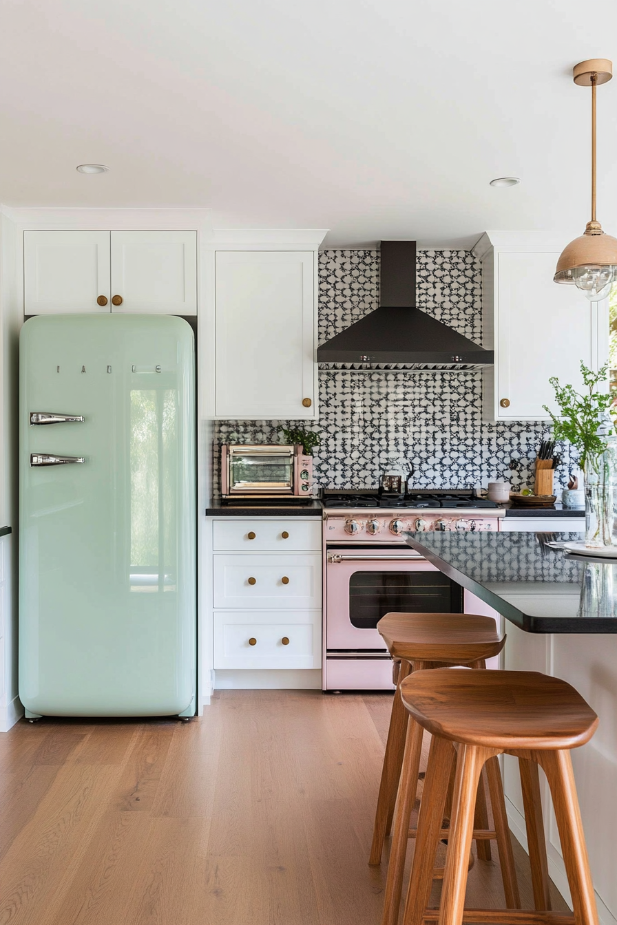 Mint green retro refrigerator and pastel toaster in a white kitchen.