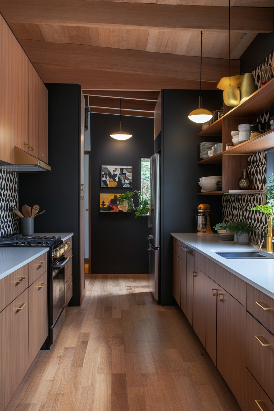 Efficient galley kitchen layout with sleek cabinetry.
