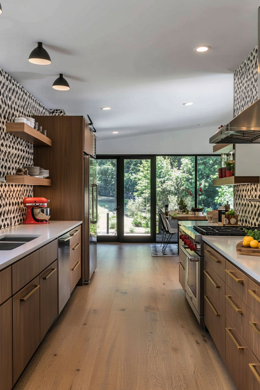 Mid-century modern kitchen layout with open shelving and pull-out pantry.