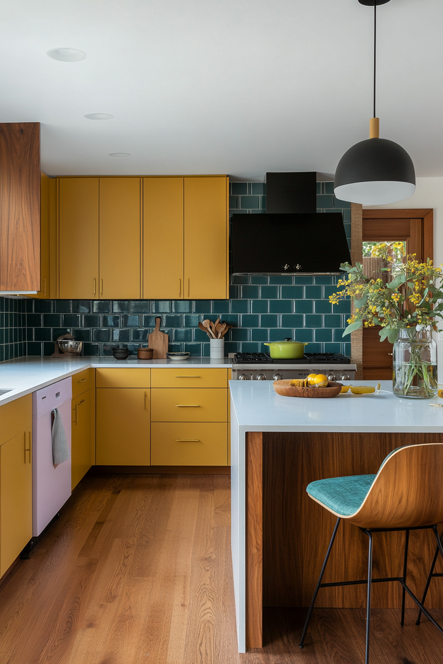 Mustard yellow cabinetry and teal backsplash tiles in a vibrant kitchen.