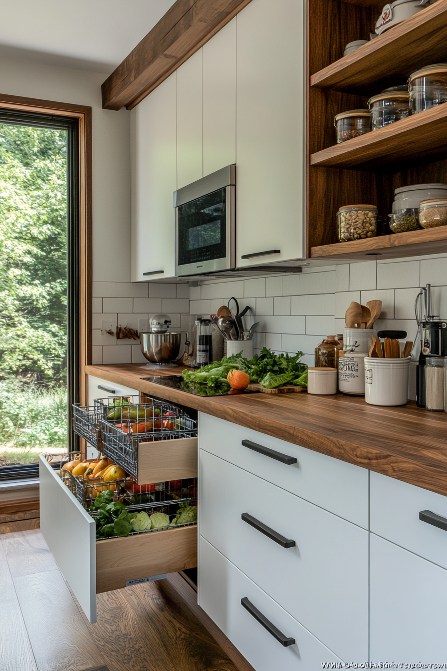 Sleek storage solutions with pull-out drawers and open shelving.
