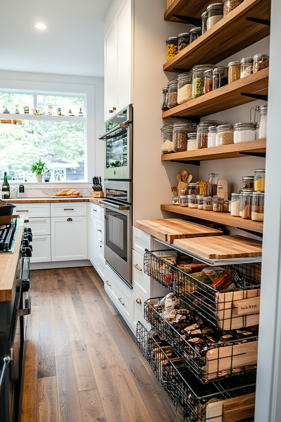 Vintage containers and wire baskets used for creative kitchen storage.