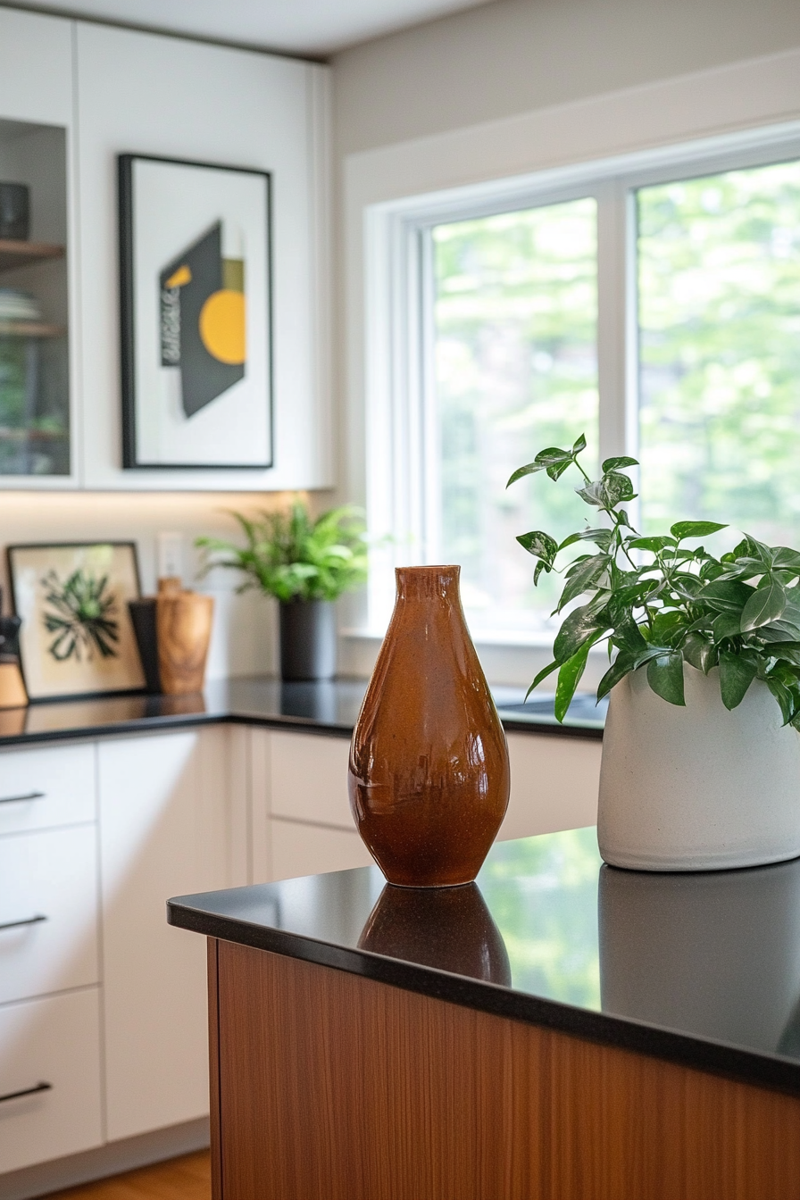 Minimalist kitchen decor with retro accents like geometric art prints.