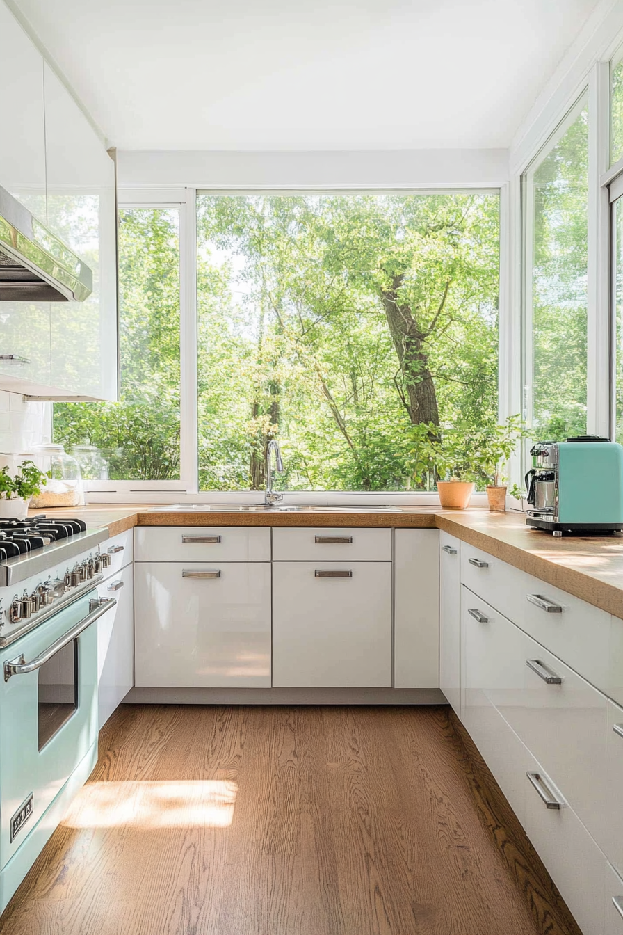 Glossy white kitchen cabinets with pastel appliances.