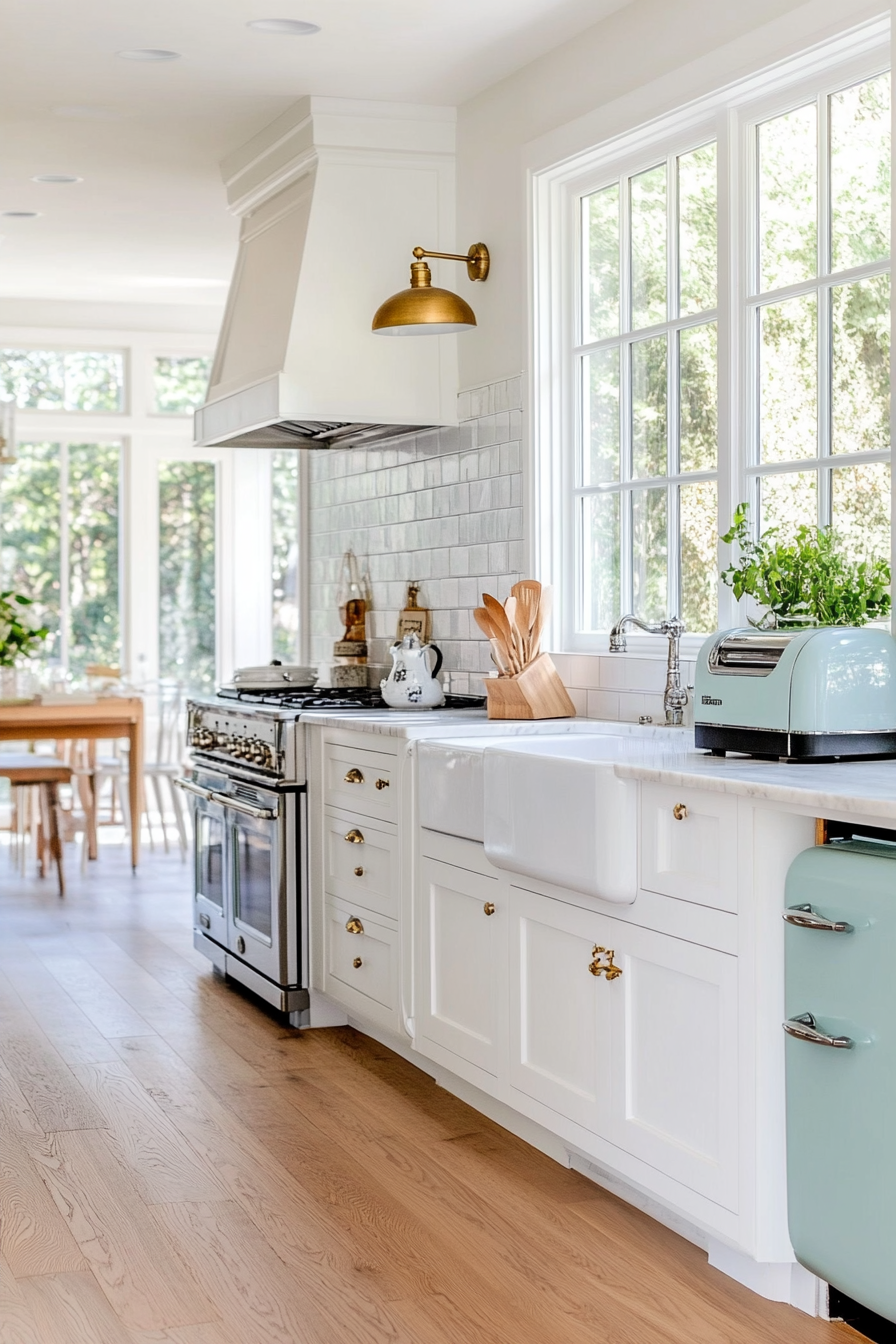 White mid-century kitchen with large windows and natural light.