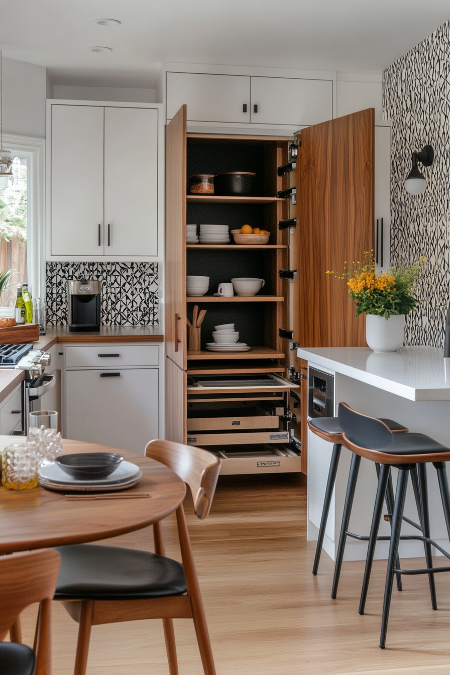 Smart layout with open shelving and a pull-out pantry in a small kitchen.