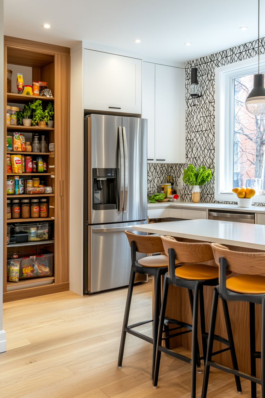 Compact mid-century kitchen with a pull-out pantry and fold-down table.