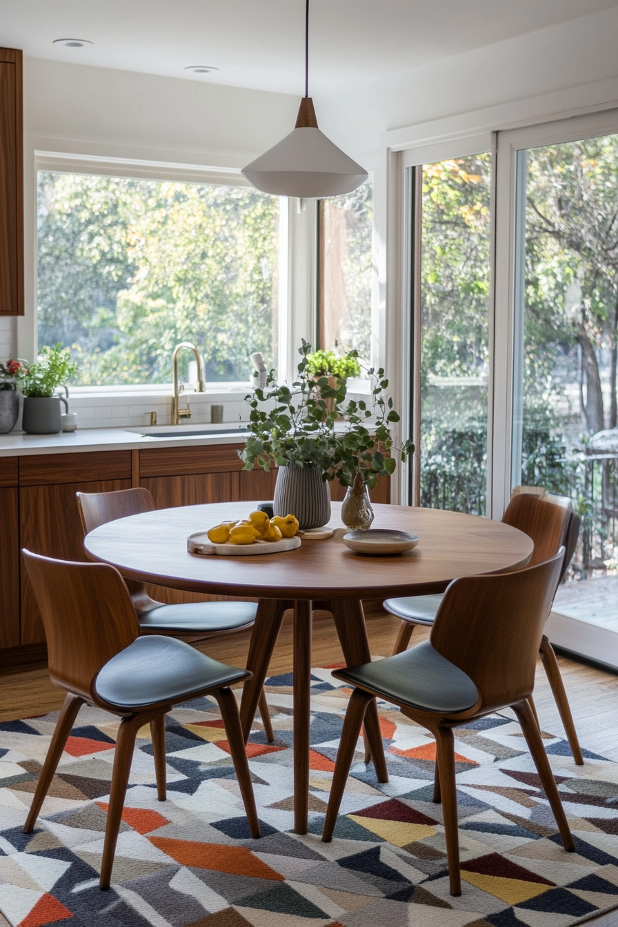 Round walnut kitchen table with mixed retro dining chairs.