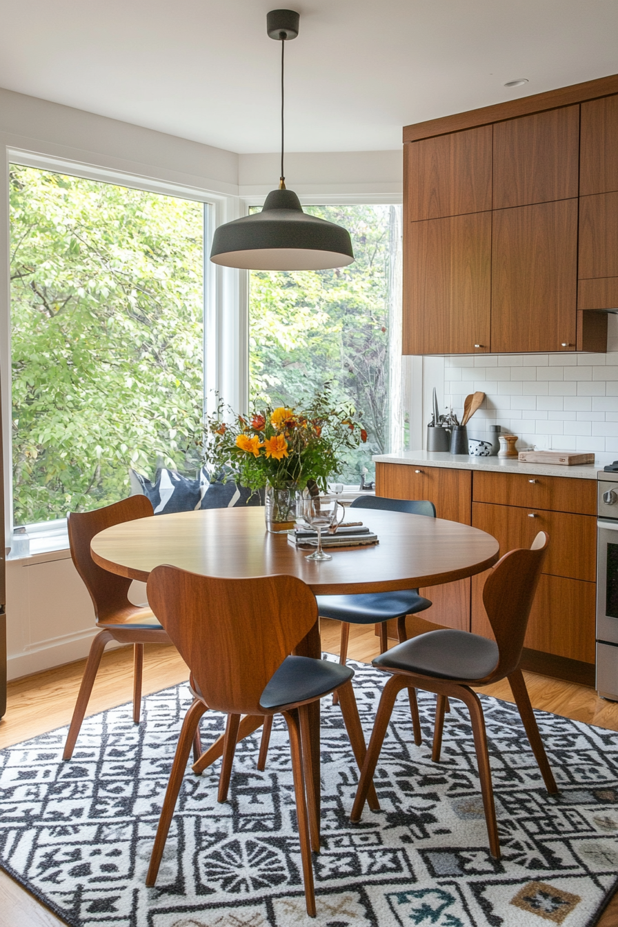Oval walnut dining table with a mix of retro dining chairs.