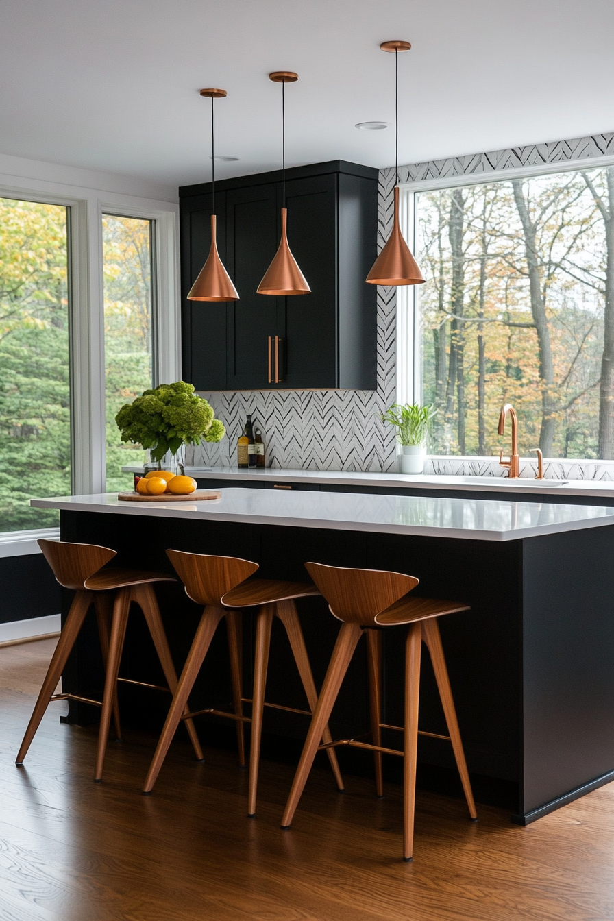 Matte black kitchen cabinets with brass hardware.