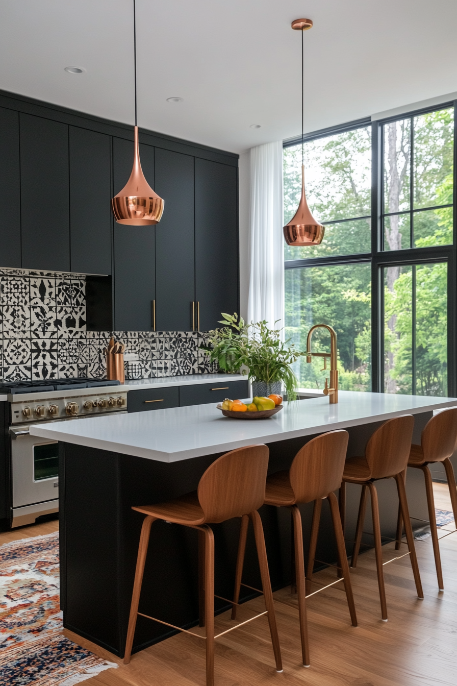 Bold black-themed kitchen with geometric-patterned tiles and brass accents.