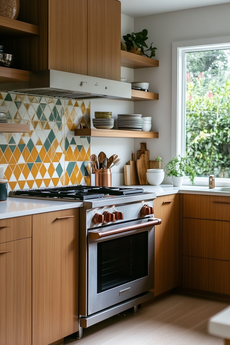 Geometric tile backsplash in mustard yellow and teal.