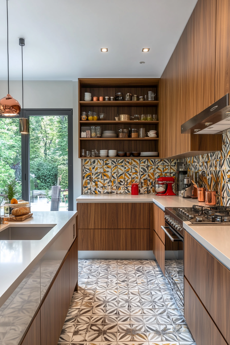 Custom mosaic tile backsplash with mid-century modern colors.