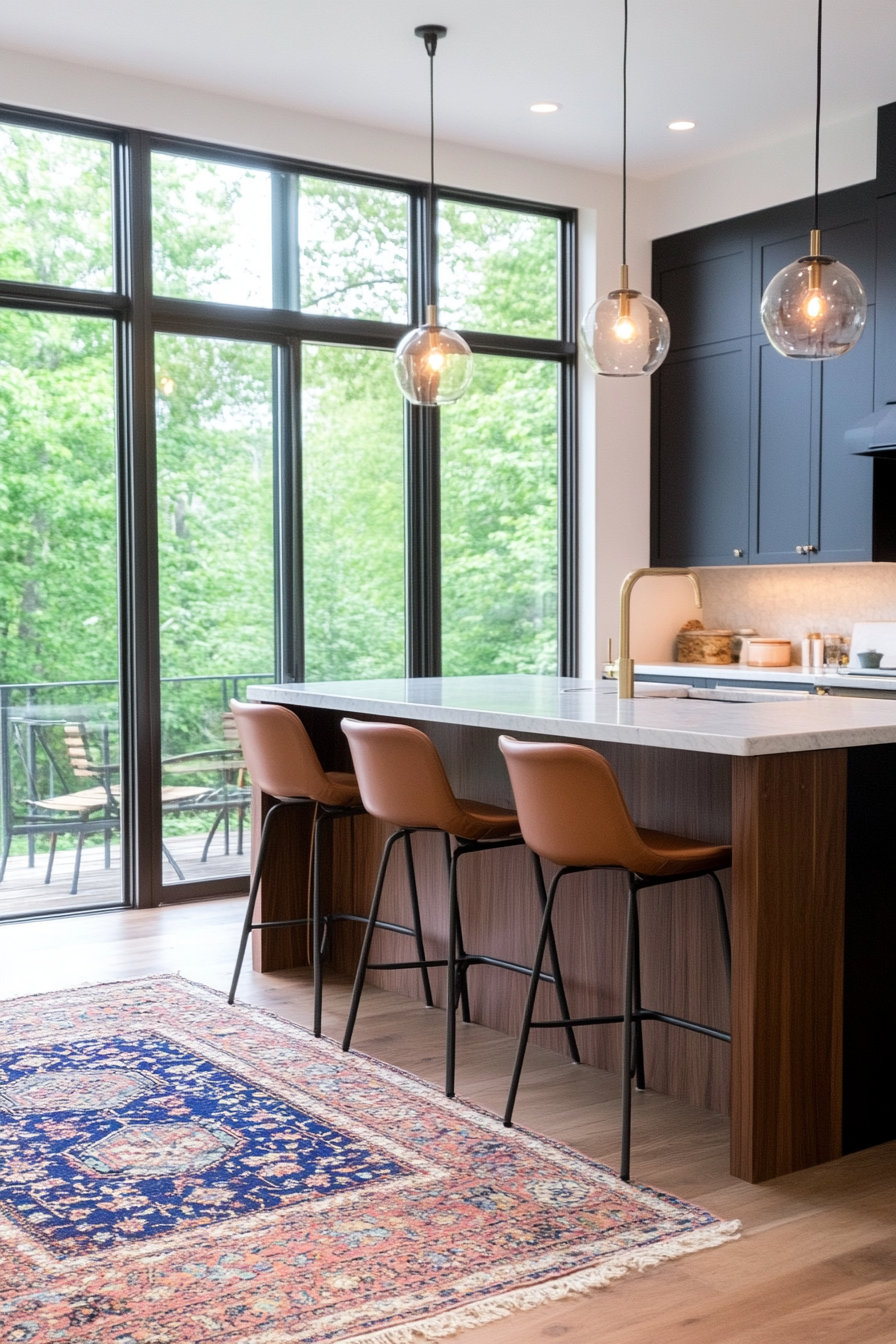 Wooden breakfast bar with retro barstools and pendant lights.