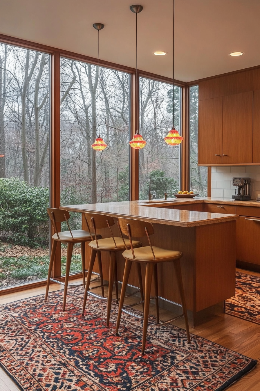 Freestanding wooden breakfast bar near a window with a retro rug.