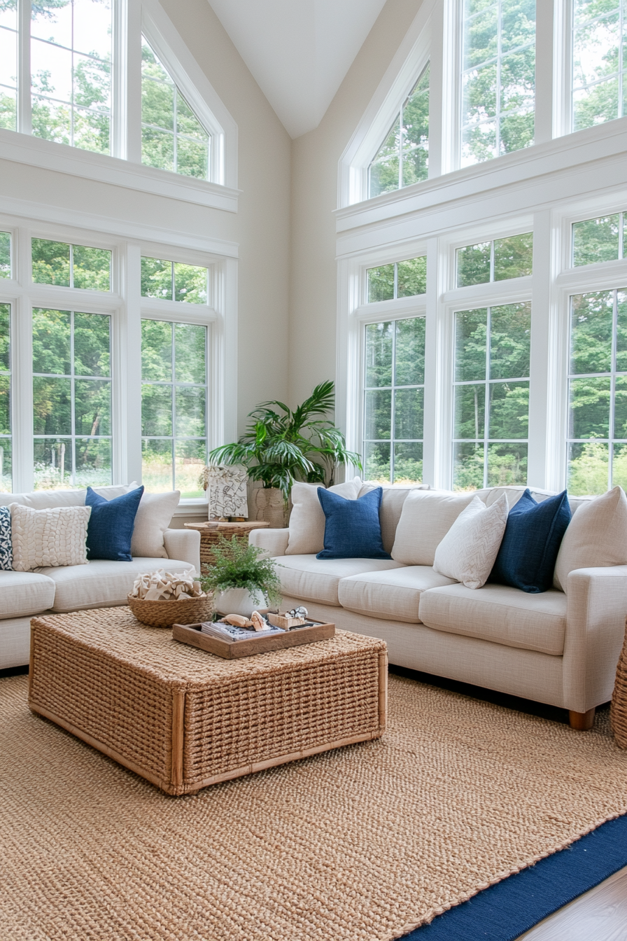 Coastal living room with soft blue accents, natural light, and beach-inspired decor