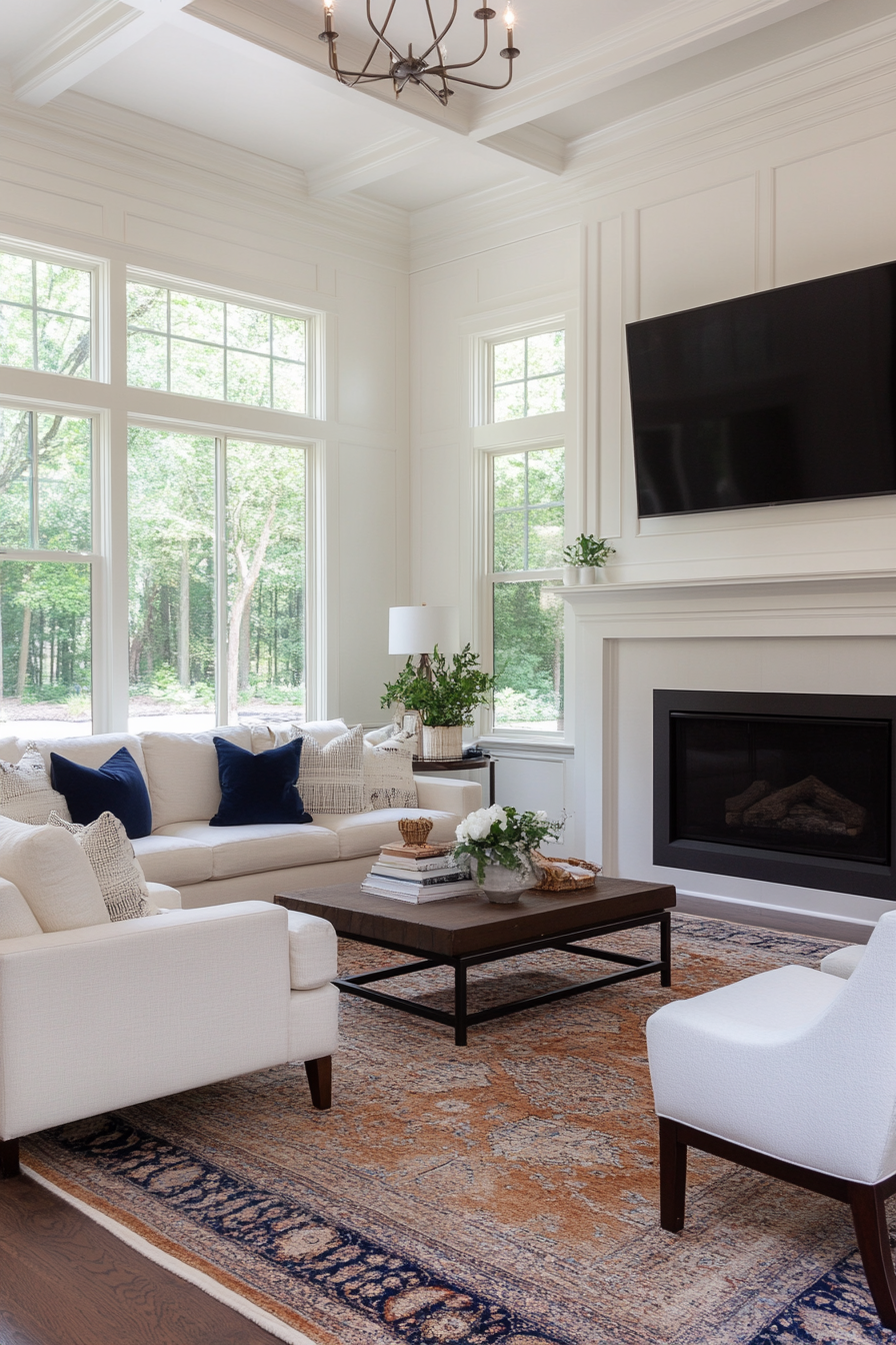 Polished coastal living room with sleek furniture and metallic accents