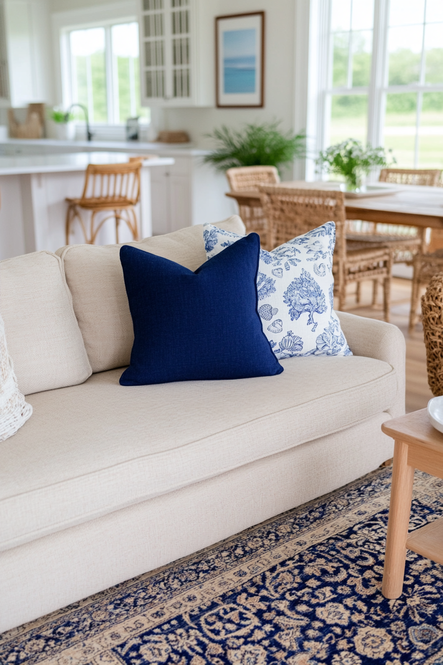 Breezy coastal living room with rattan furniture and soft ocean colors