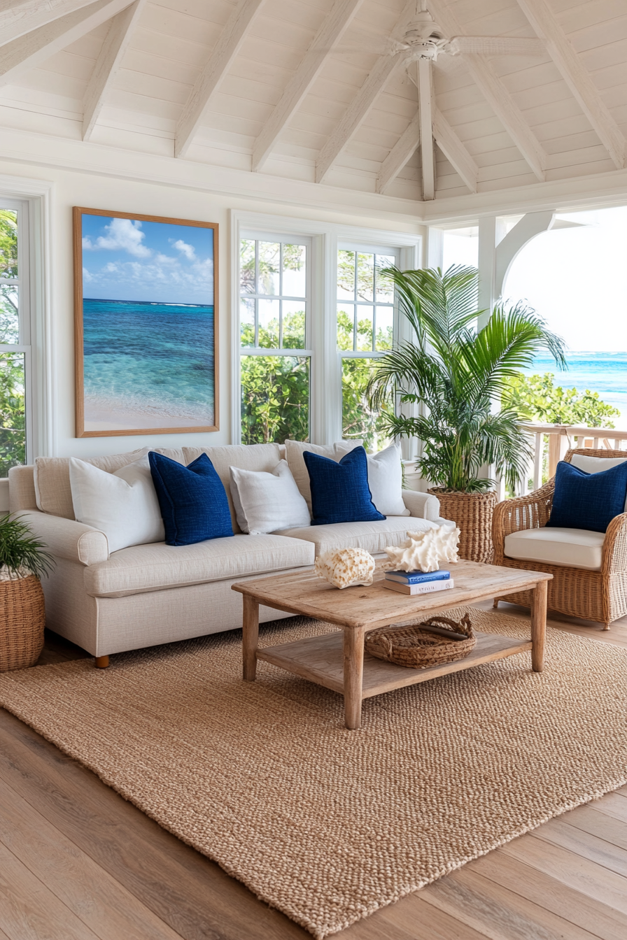 Relaxed beach-inspired living room with coastal accents and natural textures