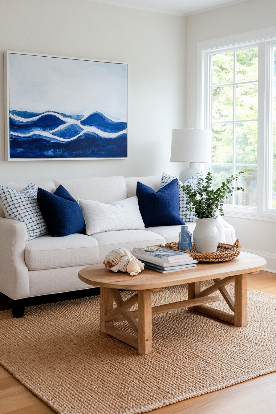 Coastal-inspired wall art with ocean themes and natural textures
