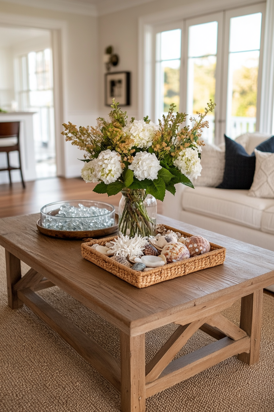 Layered coastal rugs with natural fibers and soft beach tones